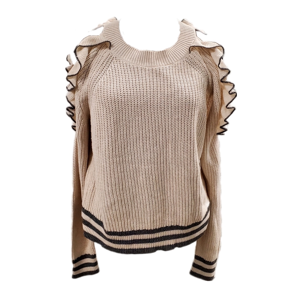 Margaret O'leary Skylar Ruffle Cold Shoulder Chunk Rib Knit sweater M Medium